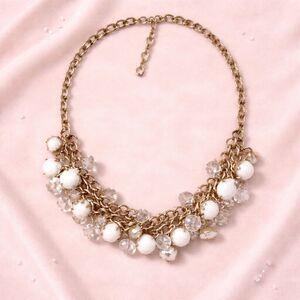 Gold Tone Faceted White Clear Beaded Cluster Necklace
